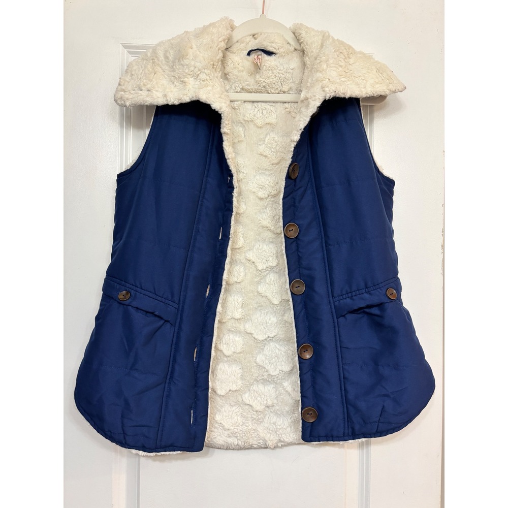 Red Camel Navy Blue Quilted Puffer Vest Faux Fur Lining Small Wood Buttons
